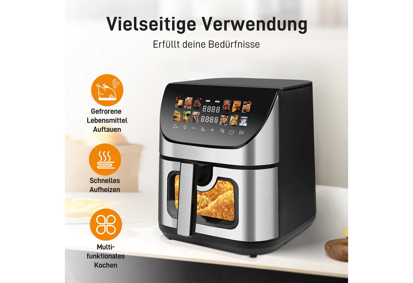 WHEELYOU Heißluftfritteuse 9L XXL, 1800W Airfryer mit LED-Farbdisplay, Sichtfenster & 12 Programmen, 1800 W, Großer Airfryer für fettarmes Kochen mit Touchscreen, Timer Bild 4