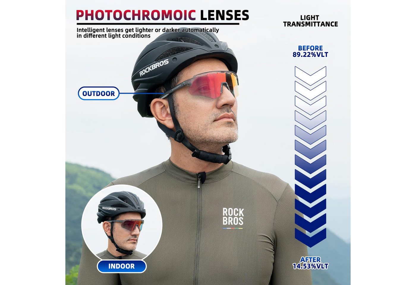 ROCKBROS Fahrradbrille Fahrradbrille Photochromatisch, (Dutdoor-Laufen Sport Rennrad Winddichte Brille, für Kurzsichtige Unisex), Photochrome Linsentechnologie