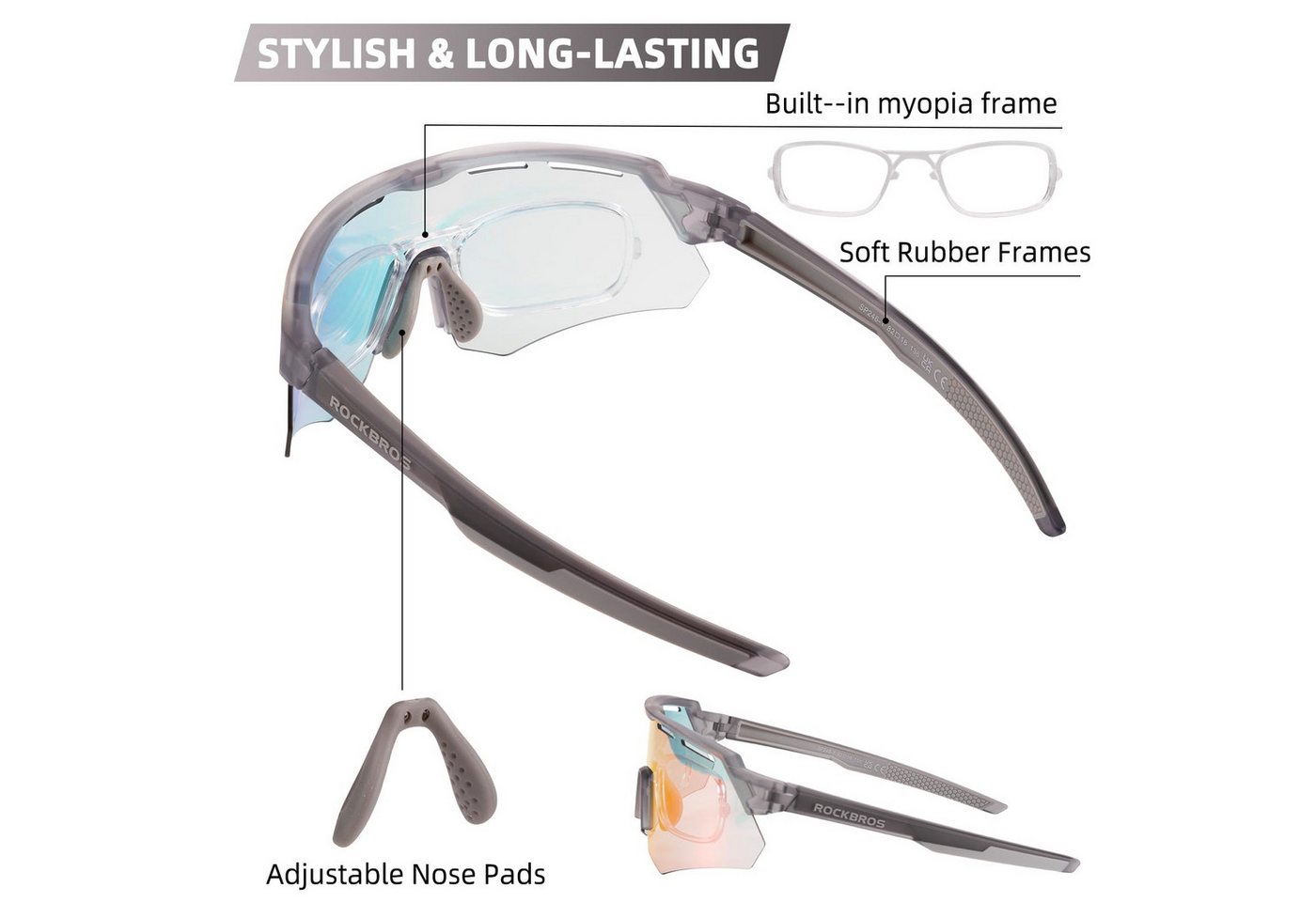 ROCKBROS Fahrradbrille Fahrradbrille Photochromatisch, (Dutdoor-Laufen Sport Rennrad Winddichte Brille, für Kurzsichtige Unisex), Photochrome Linsentechnologie Bild 5