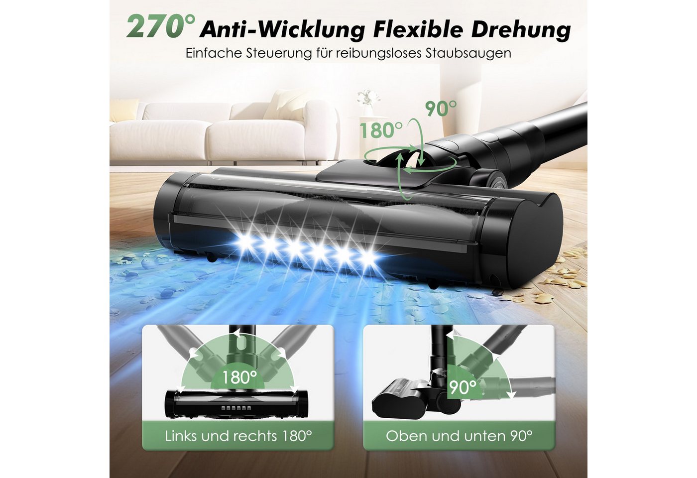 Adormii Akku-Hand-und Stielstaubsauger Akku Staubsauger 60000pa, Staubsauger Kabellos, 60Min/1,8L, beutellos,Smart LED-Display,4*HEPA,Filterwirkung 99,99 %,LED und Anti-Verwicklungs-Bodenbürste, Akkustaubsauger für Teppich, Hartböden, Tierhaare