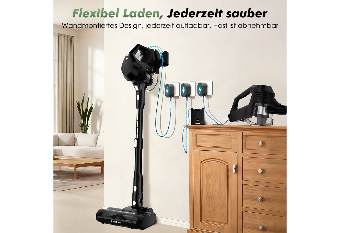 Adormii Akku-Hand-und Stielstaubsauger Akku Staubsauger 60000pa, Staubsauger Kabellos, 60Min/1,8L, beutellos,Smart LED-Display,4*HEPA,Filterwirkung 99,99 %,LED und Anti-Verwicklungs-Bodenbürste, Akkustaubsauger für Teppich, Hartböden, Tierhaare Bild 2