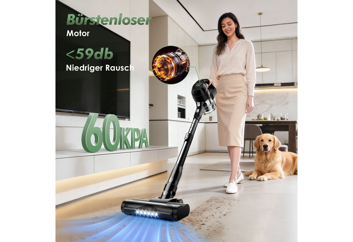 Adormii Akku-Hand-und Stielstaubsauger Akku Staubsauger 60000pa, Staubsauger Kabellos, 60Min/1,8L, beutellos,Smart LED-Display,4*HEPA,Filterwirkung 99,99 %,LED und Anti-Verwicklungs-Bodenbürste, Akkustaubsauger für Teppich, Hartböden, Tierhaare Bild 3