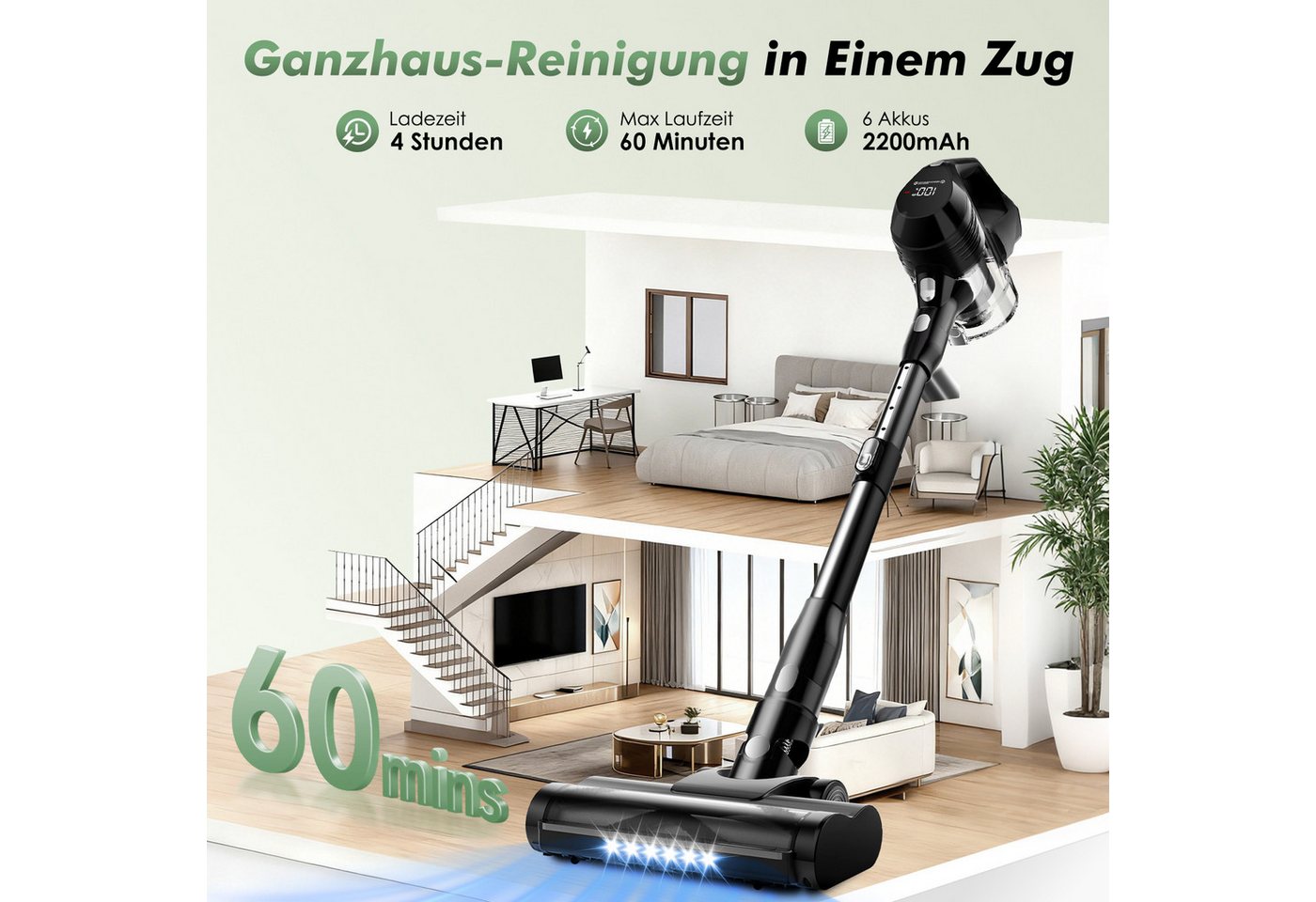 Adormii Akku-Hand-und Stielstaubsauger Akku Staubsauger 60000pa, Staubsauger Kabellos, 60Min/1,8L, beutellos,Smart LED-Display,4*HEPA,Filterwirkung 99,99 %,LED und Anti-Verwicklungs-Bodenbürste, Akkustaubsauger für Teppich, Hartböden, Tierhaare Bild 4
