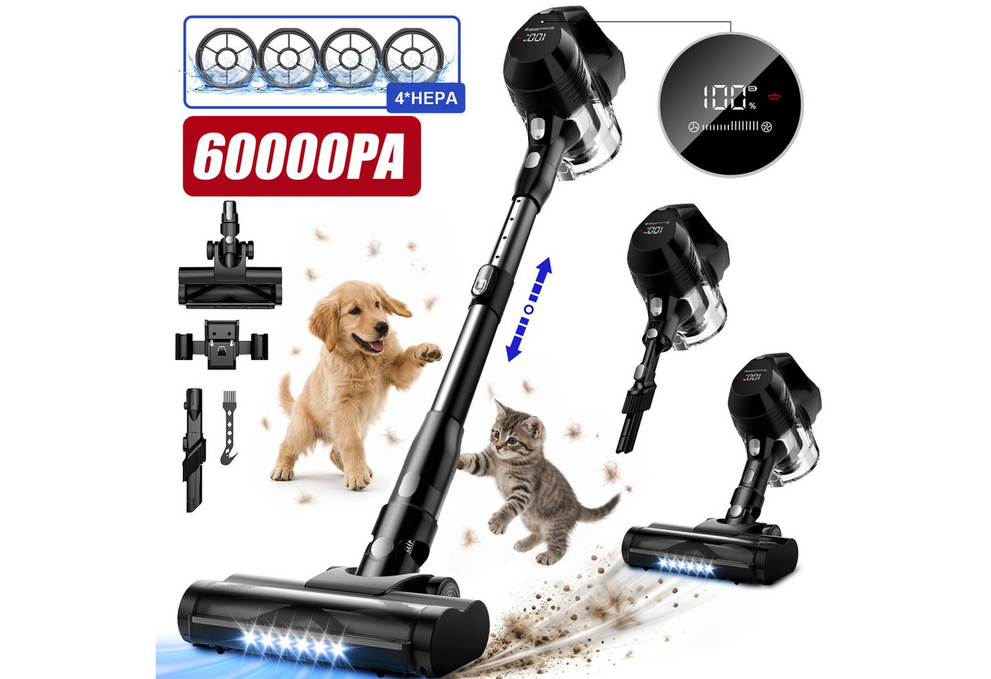 Adormii Akku-Hand-und Stielstaubsauger Akku Staubsauger 60000pa, Staubsauger Kabellos, 60Min/1,8L, beutellos,Smart LED-Display,4*HEPA,Filterwirkung 99,99 %,LED und Anti-Verwicklungs-Bodenbürste, Akkustaubsauger für Teppich, Hartböden, Tierhaare Bild 5