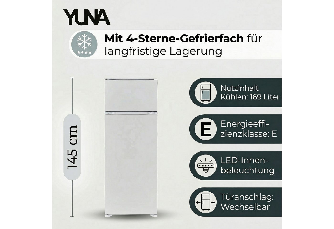 YUNA Einbaukühlschrank Fedora EKG225E, 145 cm hoch, 54 cm breit, Schlepptür wechselbarer Türanschlag Gefrierkombi LED Beleuchtung Bild 2