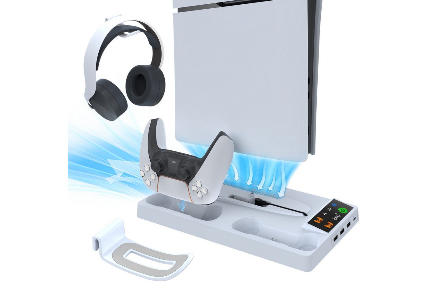 KINSI Kühlender Ladestandard für PS5 Pro & Slim,Multifunktions-Ständer Controller-Ladestation (Für PS5 Slim/PS5 PRO, mit Doppel-Controller-Ladestation, Headset-Halter)