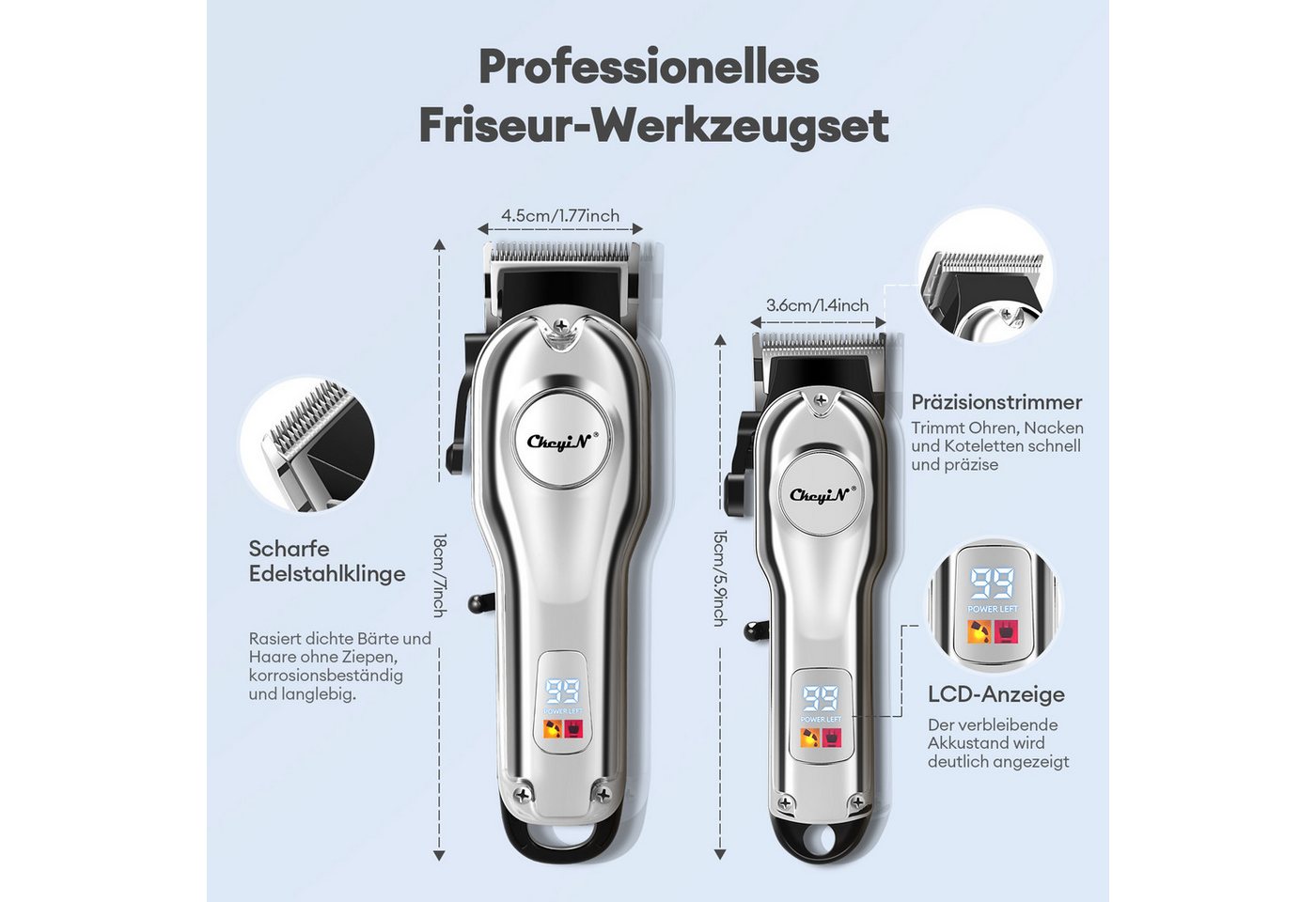 CkeyiN Haar- und Bartschneider Haarschneidemaschine Profi Haarschneider Barttrimmer-Set für Herren, mit LED-Anzeige Edelstahlklinge Lange Akkulaufzeit Bild 5