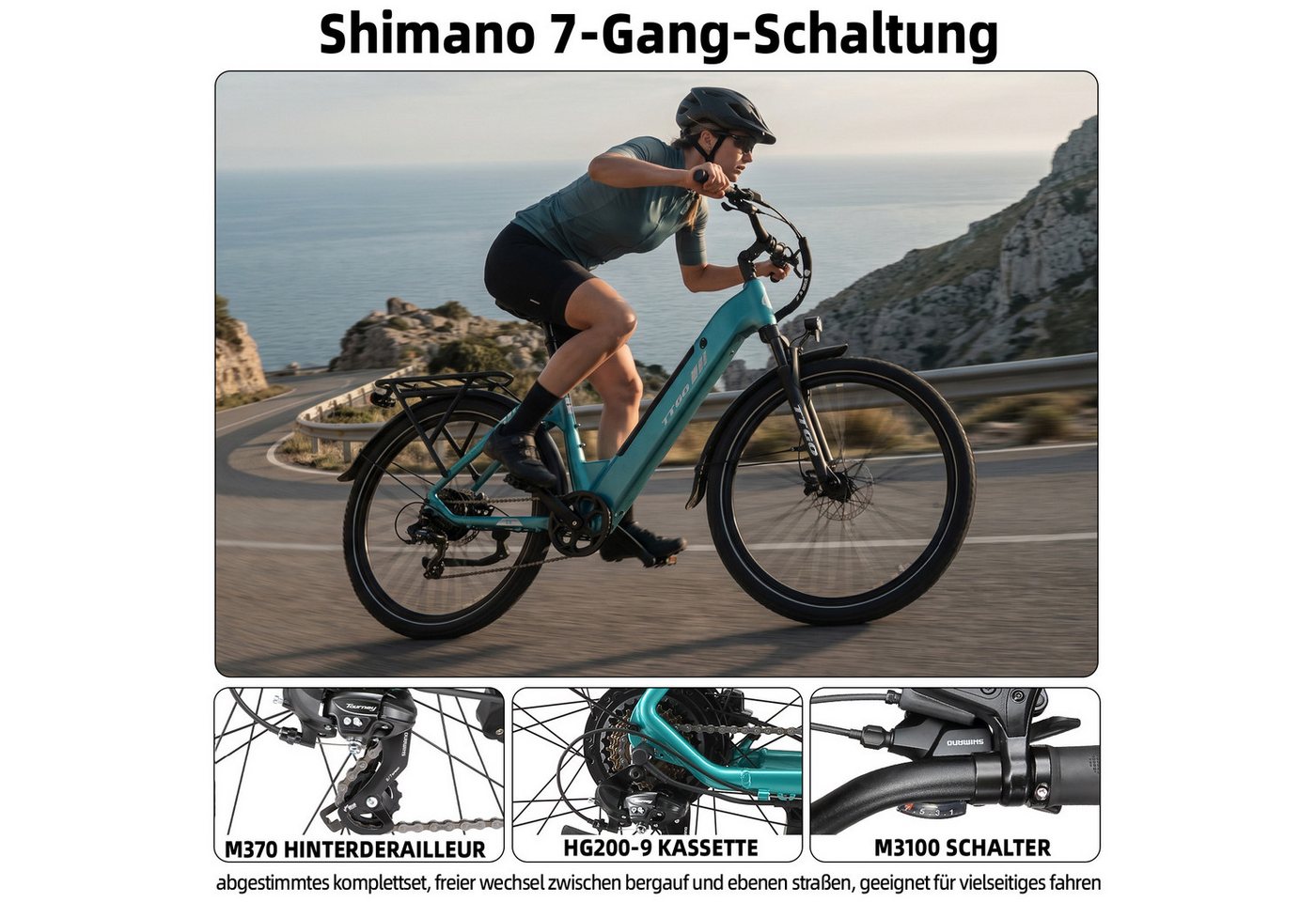 TTGO E-Bike Cityrad 28 Zoll, 70 Nm, Federsattelstütze, C5, für Alltag, Pendeln und Touren, 7 Gang Shimano, Kettenschaltung, Heckmotor, 648 Wh, City Pedelec mit 110 km Reichweite & Hydraulikbremsen Bild 4