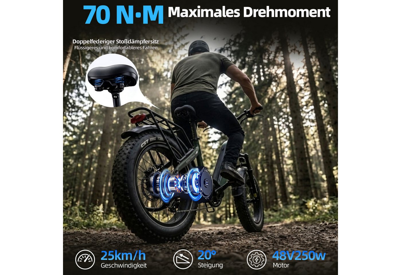 TTGO E-Bike Klapprad 20 Zoll, 70Nm, 140km, Drehmomentsensor, Lockout-Federgabel, Faltrad, 7 Gang SHIMANO, Kettenschaltung, Heckmotor, 864 Wh, 4,0'' Fatbike-Reifen, max. 150kg, Elektrofahrrad, hydr. Bremsen Bild 2
