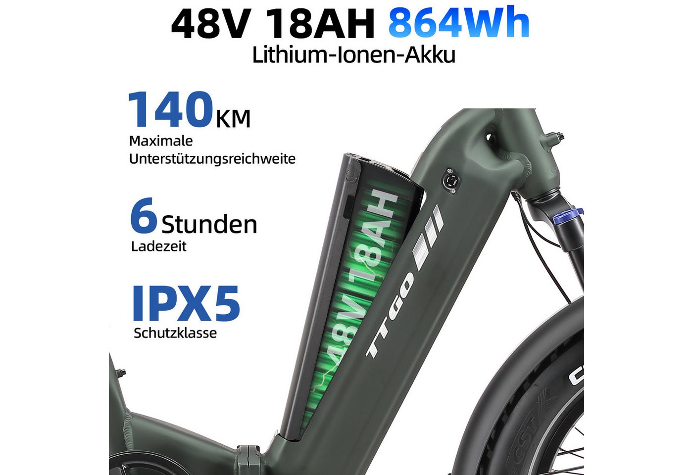 TTGO E-Bike Klapprad 20 Zoll, 70Nm, 140km, Drehmomentsensor, Lockout-Federgabel, Faltrad, 7 Gang SHIMANO, Kettenschaltung, Heckmotor, 864 Wh, 4,0'' Fatbike-Reifen, max. 150kg, Elektrofahrrad, hydr. Bremsen Bild 4