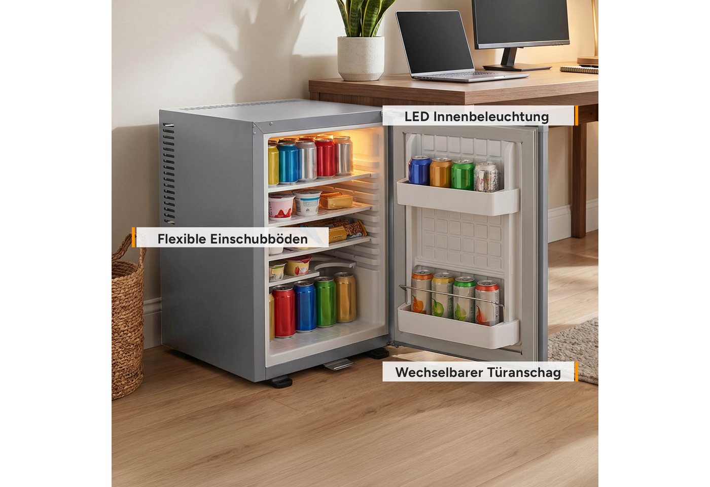 TZS FIRST AUSTRIA Table Top Kühlschrank 40L, Getränkekühlschrank LAUTLOS, LED-Beleuchtung FA-5172-GR, 56.5 cm hoch, 40 cm breit, Minibar 22dB, wechselbarem Türanschlag & Schloss Bild 4