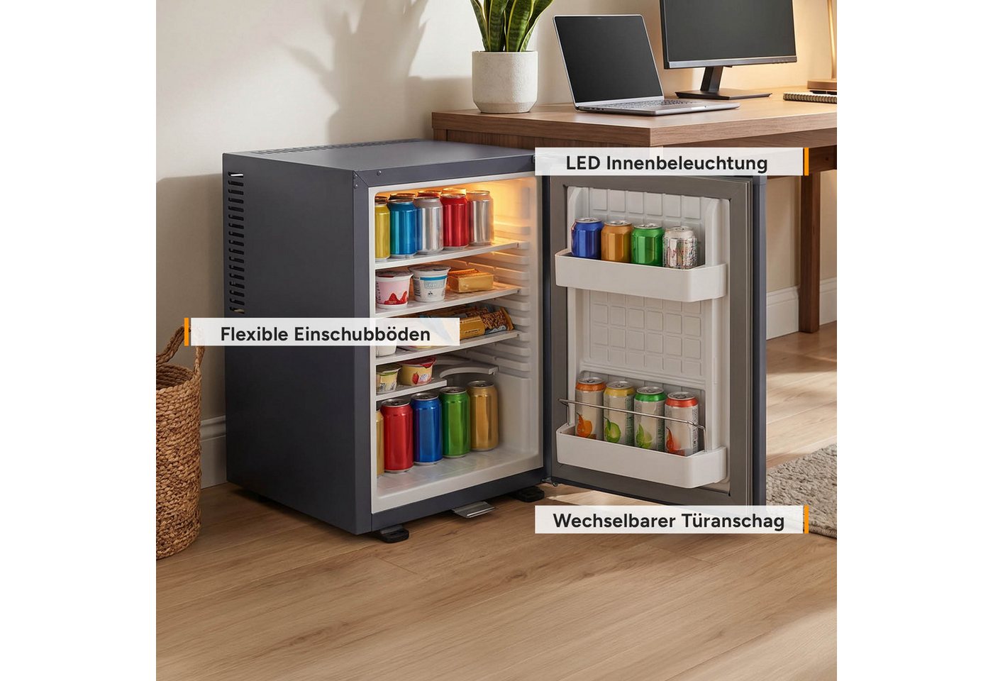 TZS FIRST AUSTRIA Table Top Kühlschrank 40L, Getränkekühlschrank LAUTLOS, LED-Beleuchtung FA-5172-AN, 56.5 cm hoch, 40 cm breit, Minibar 22dB, wechselbarem Türanschlag & Schloss