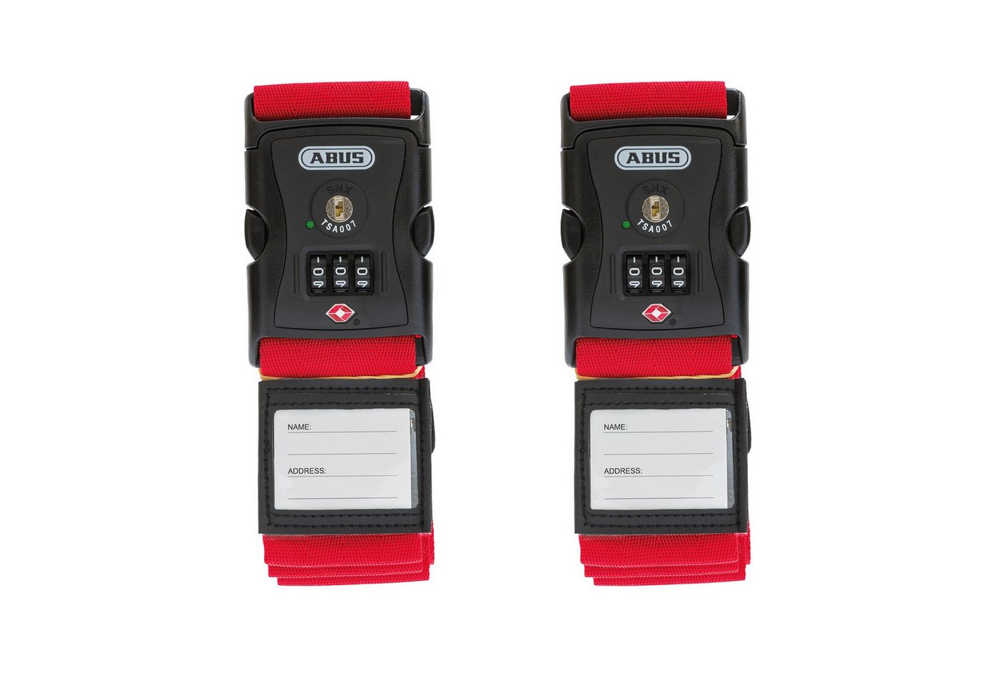 ABUS Koffergurt Kofferband-Schloss 620TSA/192 - USA Reise, Zahlencode, 2 Stk., Rot, Individuell einstellbarer dreistelliger Zahlencode, mit Adressetikett