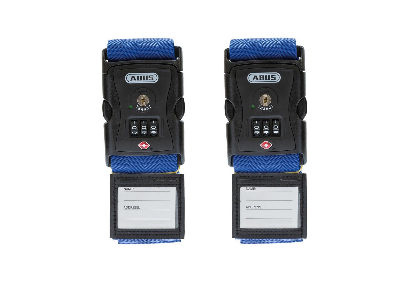 ABUS Koffergurt Kofferband-Schloss 620TSA/192 - USA Reise, Zahlencode, 2 Stk., Blau, Individuell einstellbarer dreistelliger Zahlencode, mit Adressetikett
