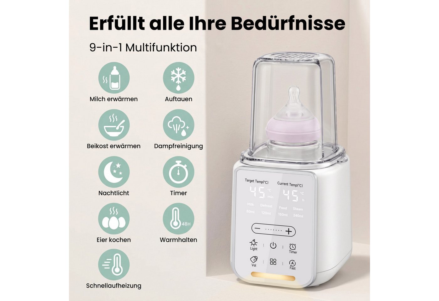 SWGOTA Babyflaschenwärmer 2026 Neuer 9-in-1 Babyflaschenwärmer Sterilisator, NTC, BPA-frei, Für 60–240 ml, 360° Wasserbad, Nachtlicht, 48H Warmhalten, 1–24H Timer