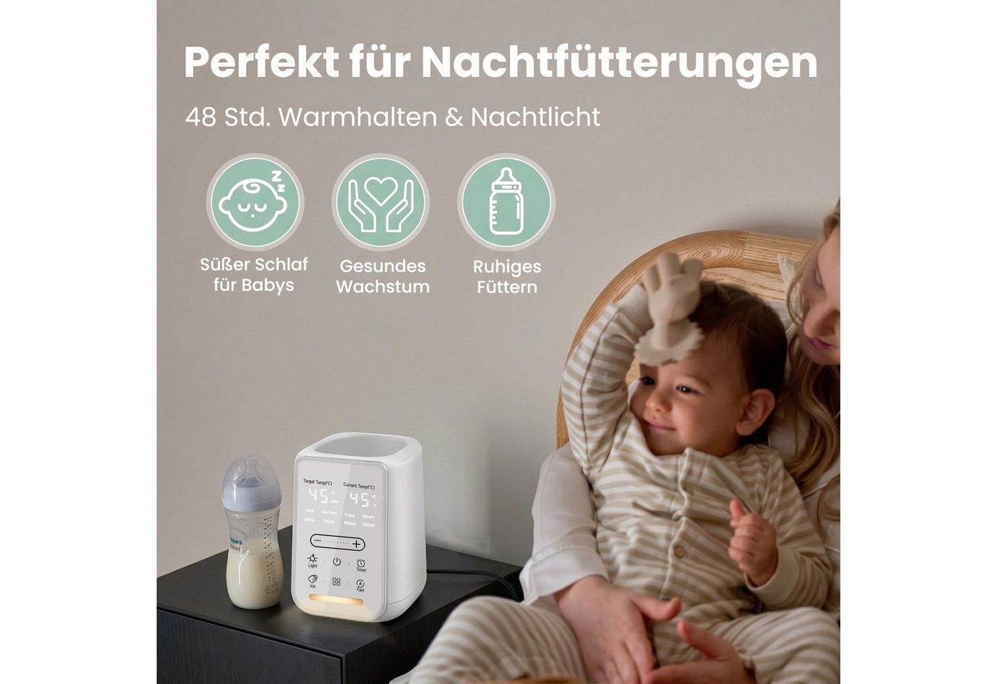 SWGOTA Babyflaschenwärmer 2026 Neuer 9-in-1 Babyflaschenwärmer Sterilisator, NTC, BPA-frei, Für 60–240 ml, 360° Wasserbad, Nachtlicht, 48H Warmhalten, 1–24H Timer Bild 5