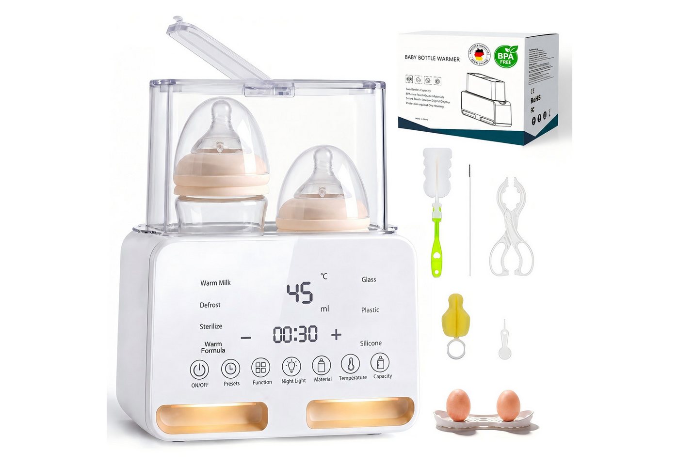 SWGOTA Babyflaschenwärmer 2026 Neuer 12-in-1 Babyflaschenwärmer Sterilisator 2 Flaschen BPA-frei, Für 30–300 ml,PTC-Schnellheizung,48H Warmhalten,Nachtlicht,1–24H Timer Bild 3