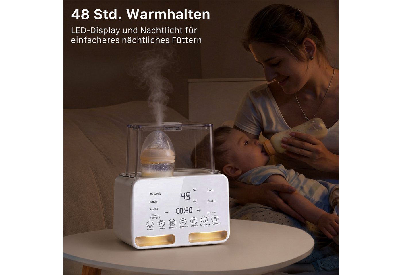 SWGOTA Babyflaschenwärmer 2026 Neuer 12-in-1 Babyflaschenwärmer Sterilisator 2 Flaschen BPA-frei, Für 30–300 ml,PTC-Schnellheizung,48H Warmhalten,Nachtlicht,1–24H Timer Bild 4