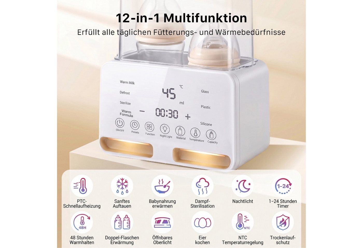 SWGOTA Babyflaschenwärmer 2026 Neuer 12-in-1 Babyflaschenwärmer Sterilisator 2 Flaschen BPA-frei, Für 30–300 ml,PTC-Schnellheizung,48H Warmhalten,Nachtlicht,1–24H Timer Bild 5