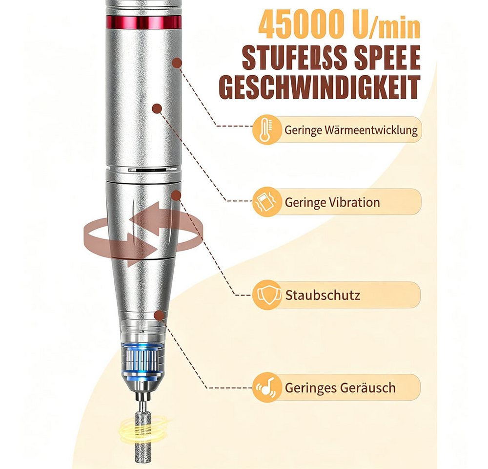 TUWENA Maniküre-Pediküre-Set Nagelfräser für Gelnägel, Elektrisch Nagelfeile Professionell 45000RPM, 6 in 1 Fräser Nägel Mit Pedalen und LED-Anzeige, Nail Drill Machine Bild 3