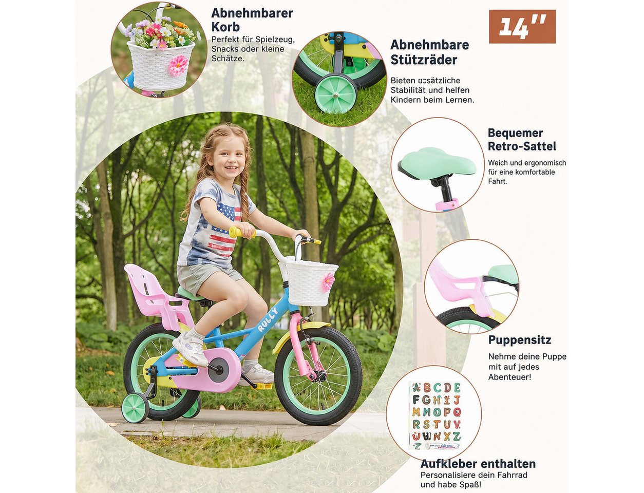 RULLY Kinderfahrrad Kinderfahrrad für Mädchen 12/14/16 Zoll, 2–7 Jahre, 1 Gang, Mit Korb, Puppensitz, Stützrädern, Schutzblech & Klingel