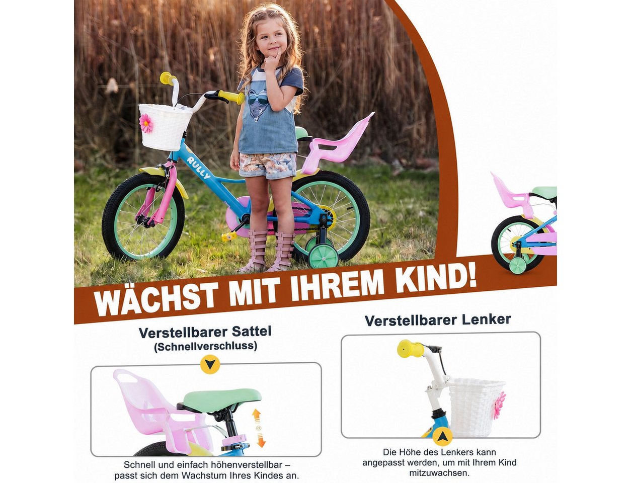 RULLY Kinderfahrrad Kinderfahrrad für Mädchen 12/14/16 Zoll, 2–7 Jahre, 1 Gang, Mit Korb, Puppensitz, Stützrädern, Schutzblech & Klingel Bild 2