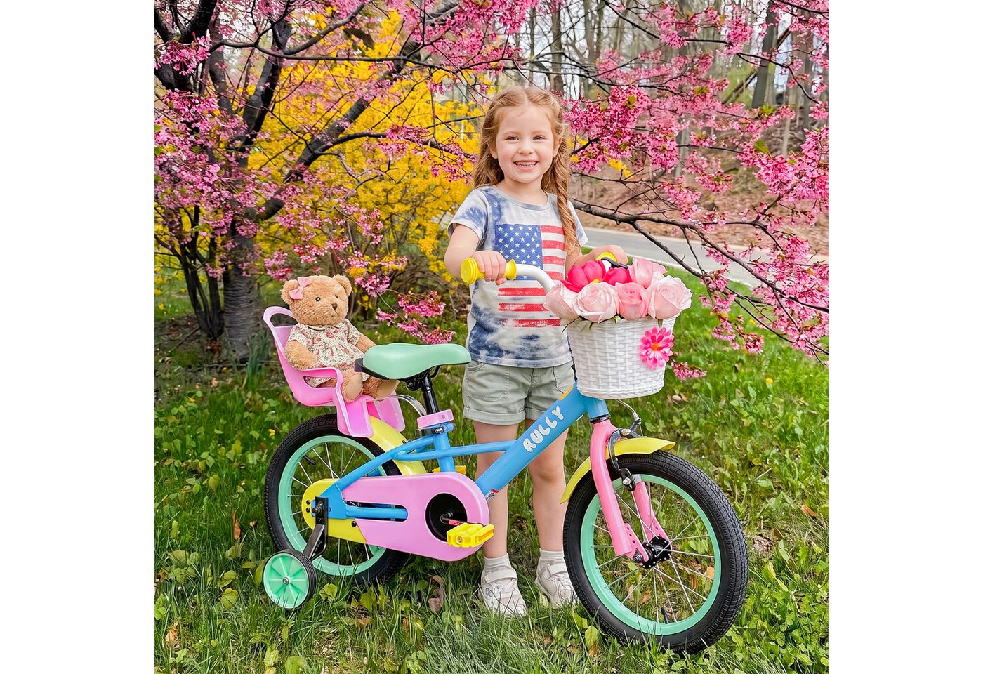 RULLY Kinderfahrrad Kinderfahrrad für Mädchen 12/14/16 Zoll, 2–7 Jahre, 1 Gang, Mit Korb, Puppensitz, Stützrädern, Schutzblech & Klingel Bild 3