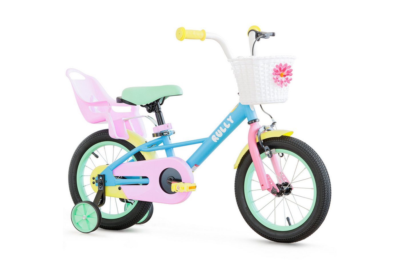 RULLY Kinderfahrrad Kinderfahrrad für Mädchen 12/14/16 Zoll, 2–7 Jahre, 1 Gang, Mit Korb, Puppensitz, Stützrädern, Schutzblech & Klingel Bild 4