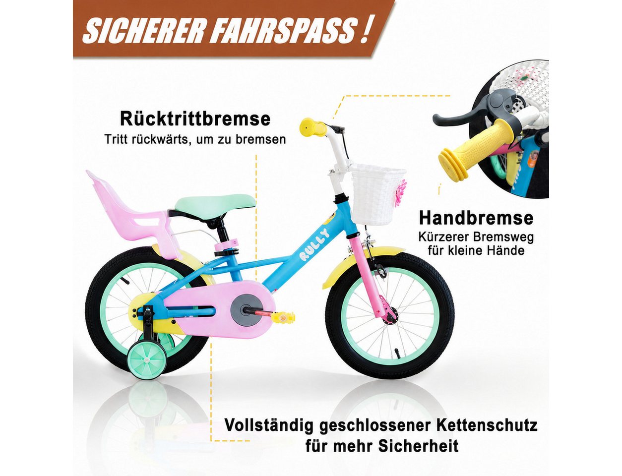 RULLY Kinderfahrrad Kinderfahrrad für Mädchen 12/14/16 Zoll, 2–7 Jahre, 1 Gang, Mit Korb, Puppensitz, Stützrädern, Schutzblech & Klingel Bild 5