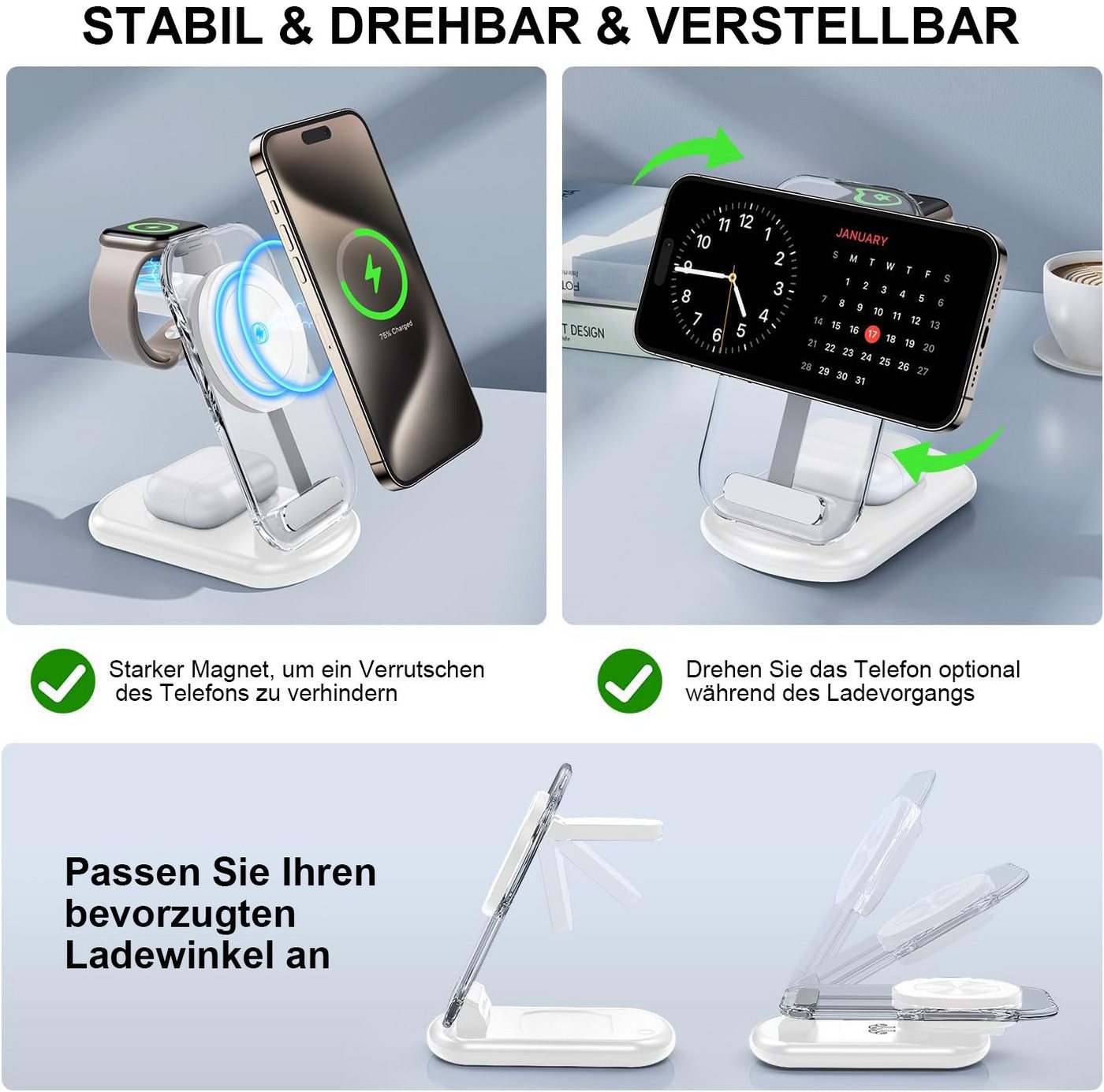 Futicare 3 in 1 Induktive Ladegerät, Wireless Charger Ladestation Wireless Charger (Induktions-Ladegerät, Magnetisches faltbares kabelloses Ladegerät mit Nachtlicht, für iPhone 12 bis 17, Apple Watch & AirPods) Bild 3