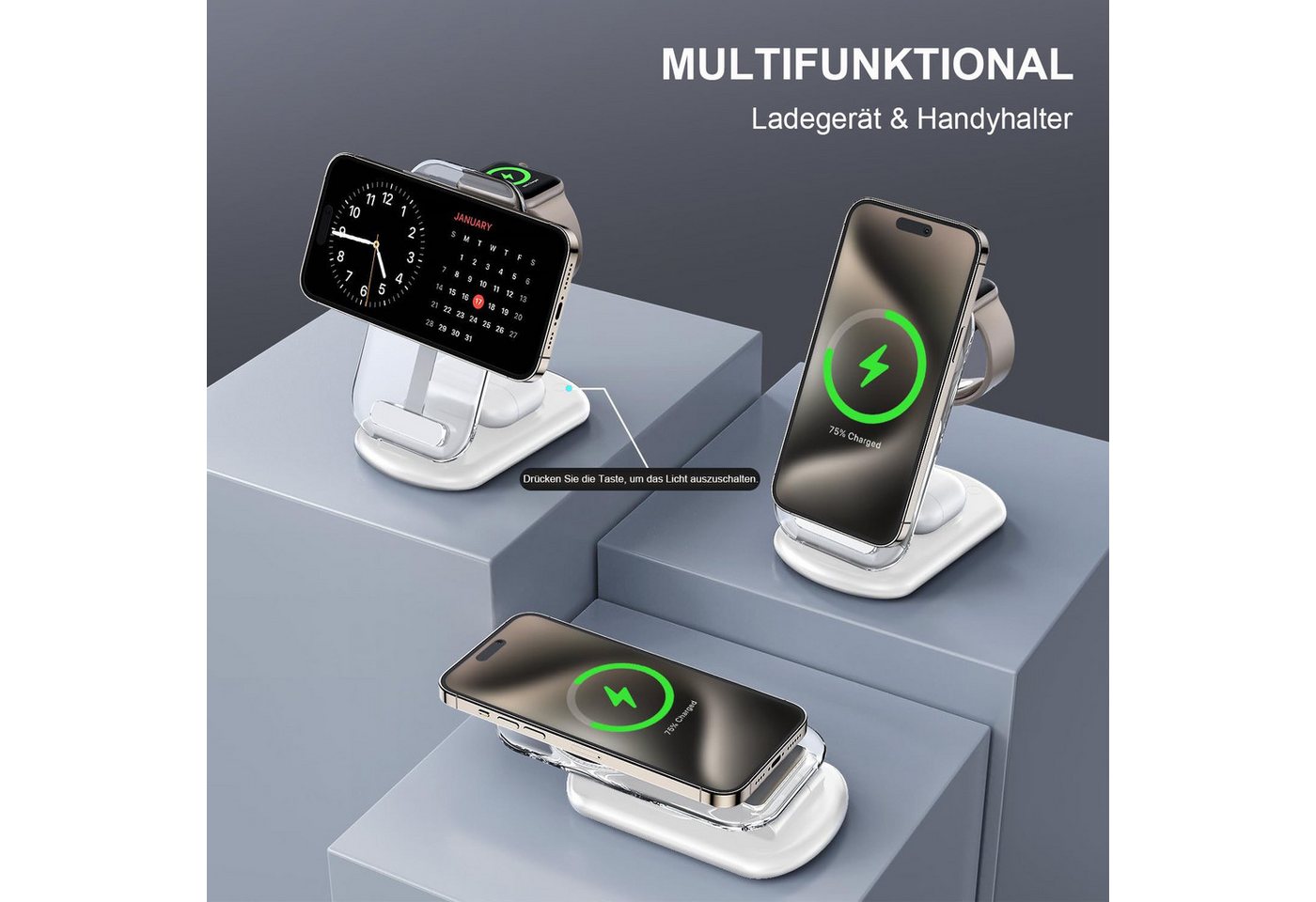 Futicare 3 in 1 Induktive Ladegerät, Wireless Charger Ladestation Wireless Charger (Induktions-Ladegerät, Magnetisches faltbares kabelloses Ladegerät mit Nachtlicht, für iPhone 12 bis 17, Apple Watch & AirPods) Bild 4