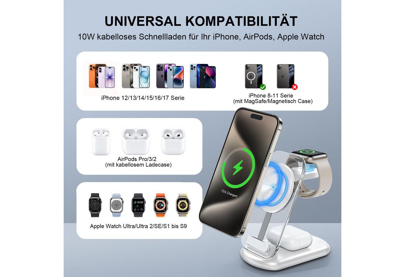 Futicare 3 in 1 Induktive Ladegerät, Wireless Charger Ladestation Wireless Charger (Induktions-Ladegerät, Magnetisches faltbares kabelloses Ladegerät mit Nachtlicht, für iPhone 12 bis 17, Apple Watch & AirPods) Bild 5