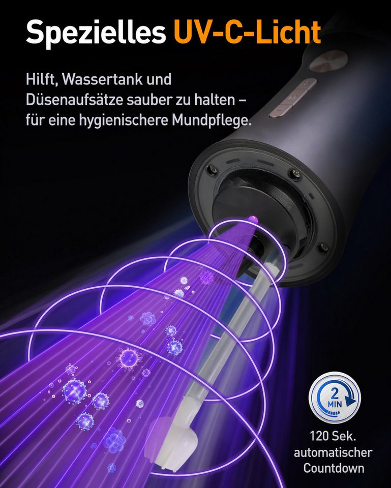 Futicare Munddusche kabellos, 335 ml Wassertank, 4 Modi, 3 Druckstufen, 6 Aufsätze, OLED-Display, UVC-Licht, IPX7, Midnight Black