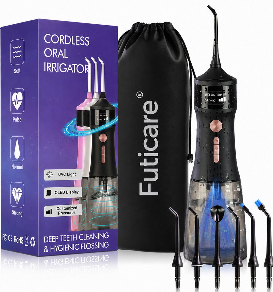 Futicare Munddusche kabellos, 335 ml Wassertank, 4 Modi, 3 Druckstufen, 6 Aufsätze, OLED-Display, UVC-Licht, IPX7, Midnight Black Bild 4