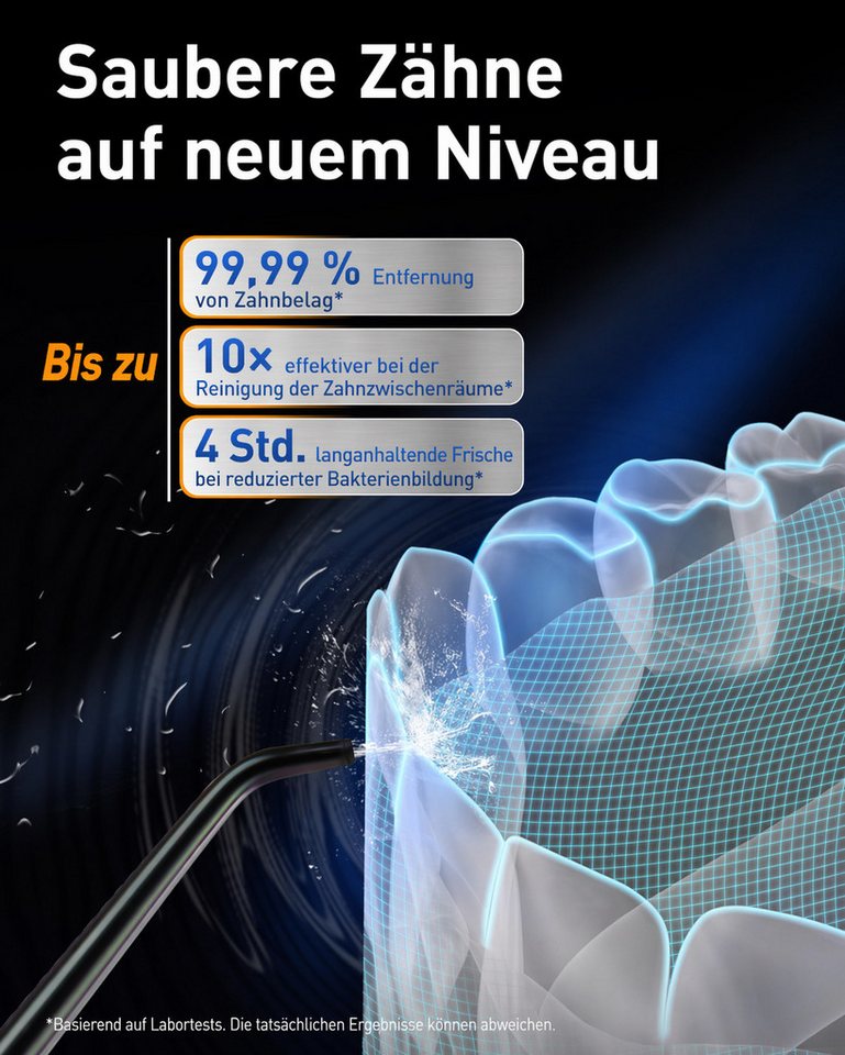 Futicare Munddusche kabellos, 335 ml Wassertank, 4 Modi, 3 Druckstufen, 6 Aufsätze, OLED-Display, UVC-Licht, IPX7, Midnight Black Bild 5