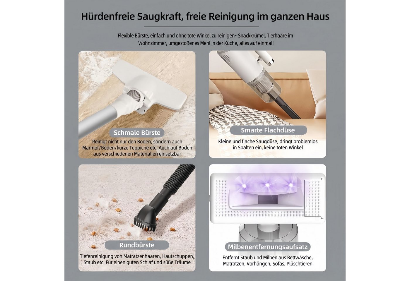 INSE Stielstaubsauger X56-3 Kabelloser Hand- u. Bodenstaubsauger Mehr-in-1 120W Nennleistung, 120 W, beutellos, 2500mAh Akku bis 30 Min Laufzeit komplettes Zubehör für Haushalt/Auto