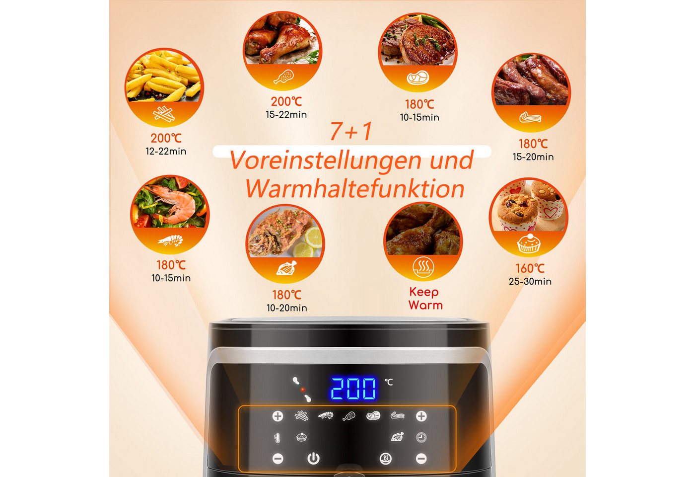Aigostar Heißluftfritteuse, 1900,00 W, Temperatursteuerung (80 - 200 °C), 1 - 60 Mins Timer, Memory-Funktion Bild 5
