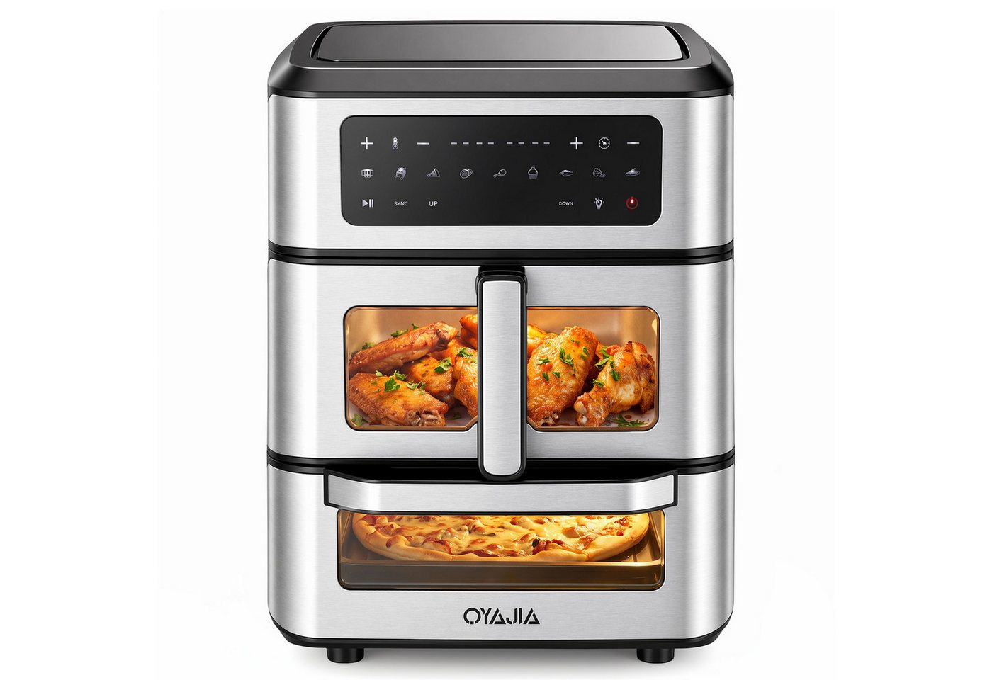 oyajia Heißluftfritteuse 2 Kammern Airfryer mit Pizzaprogramme, 9 voreingestellte Programme,Touchdisplay, Sichtfenster, Unabhängige Temperaturregelung, 2800,00 W