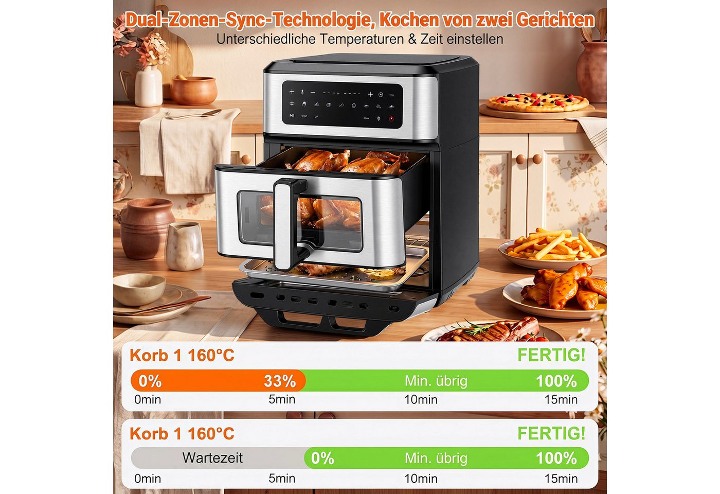 oyajia Heißluftfritteuse 2 Kammern Airfryer mit Pizzaprogramme, 9 voreingestellte Programme,Touchdisplay, Sichtfenster, Unabhängige Temperaturregelung, 2800,00 W Bild 2