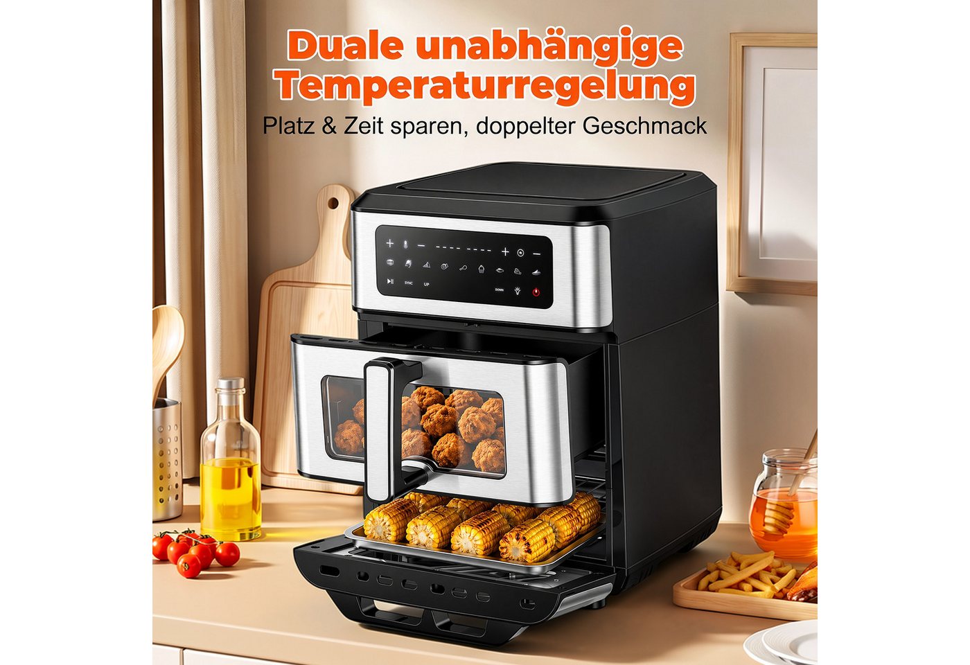 oyajia Heißluftfritteuse 2 Kammern Airfryer mit Pizzaprogramme, 9 voreingestellte Programme,Touchdisplay, Sichtfenster, Unabhängige Temperaturregelung, 2800,00 W Bild 3