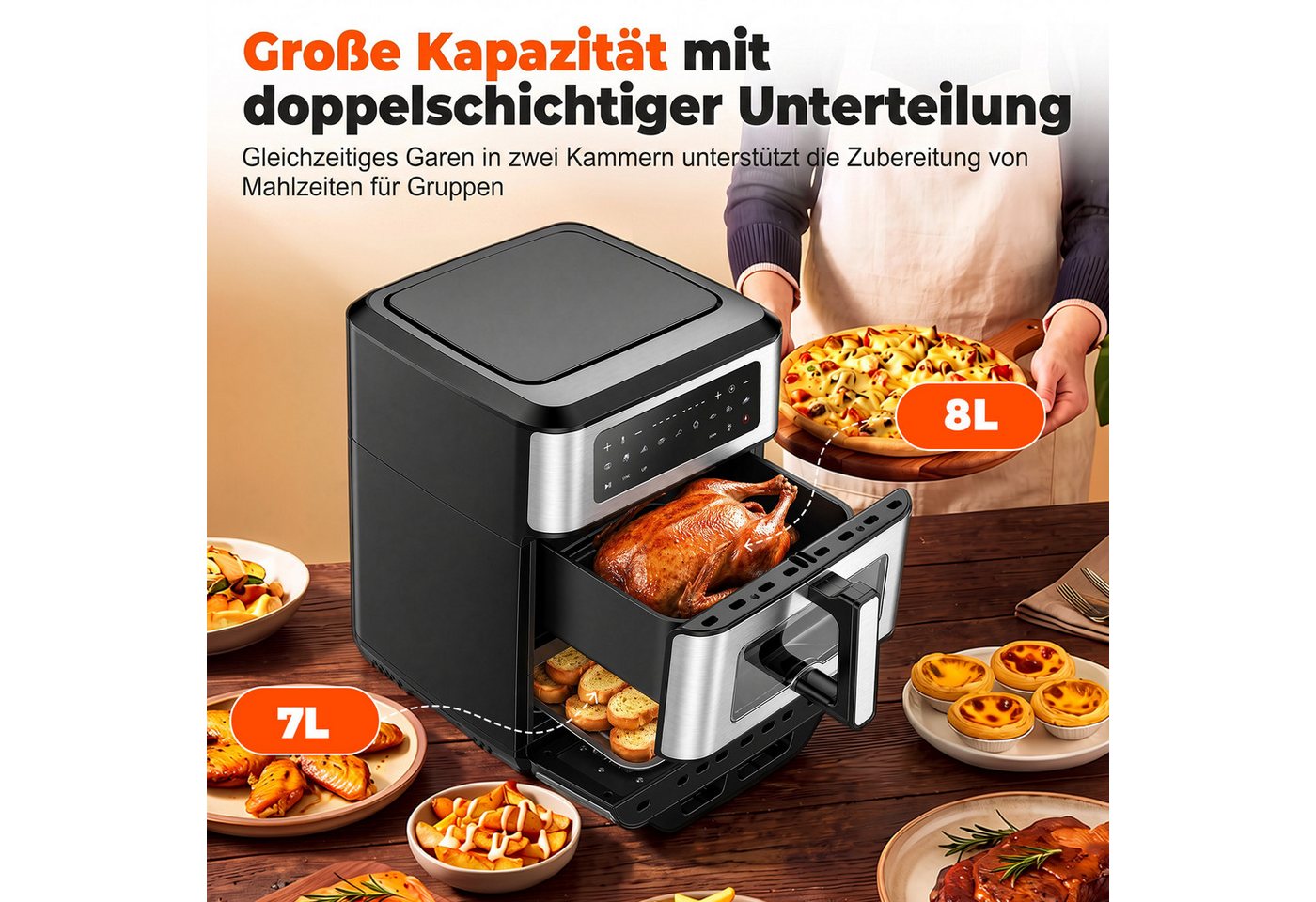 oyajia Heißluftfritteuse 2 Kammern Airfryer mit Pizzaprogramme, 9 voreingestellte Programme,Touchdisplay, Sichtfenster, Unabhängige Temperaturregelung, 2800,00 W Bild 4