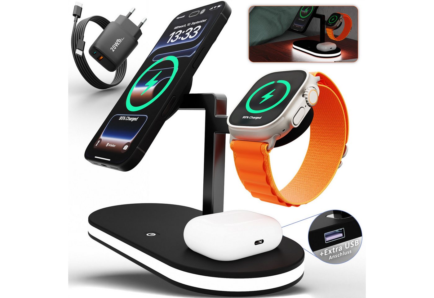 GreenHec Ladestation iPhone Apple Watch Induktiv LED-Licht Wireless MagSafe für Wireless Charger (3000 mA, Spar-Set, 3in1 PowerBase + USB-C Kabel + 20w Dual Charger, iPhone 17 16 15 14 13 12 Pro Max Air Plus Charger Induktionsladegerät) Bild 2
