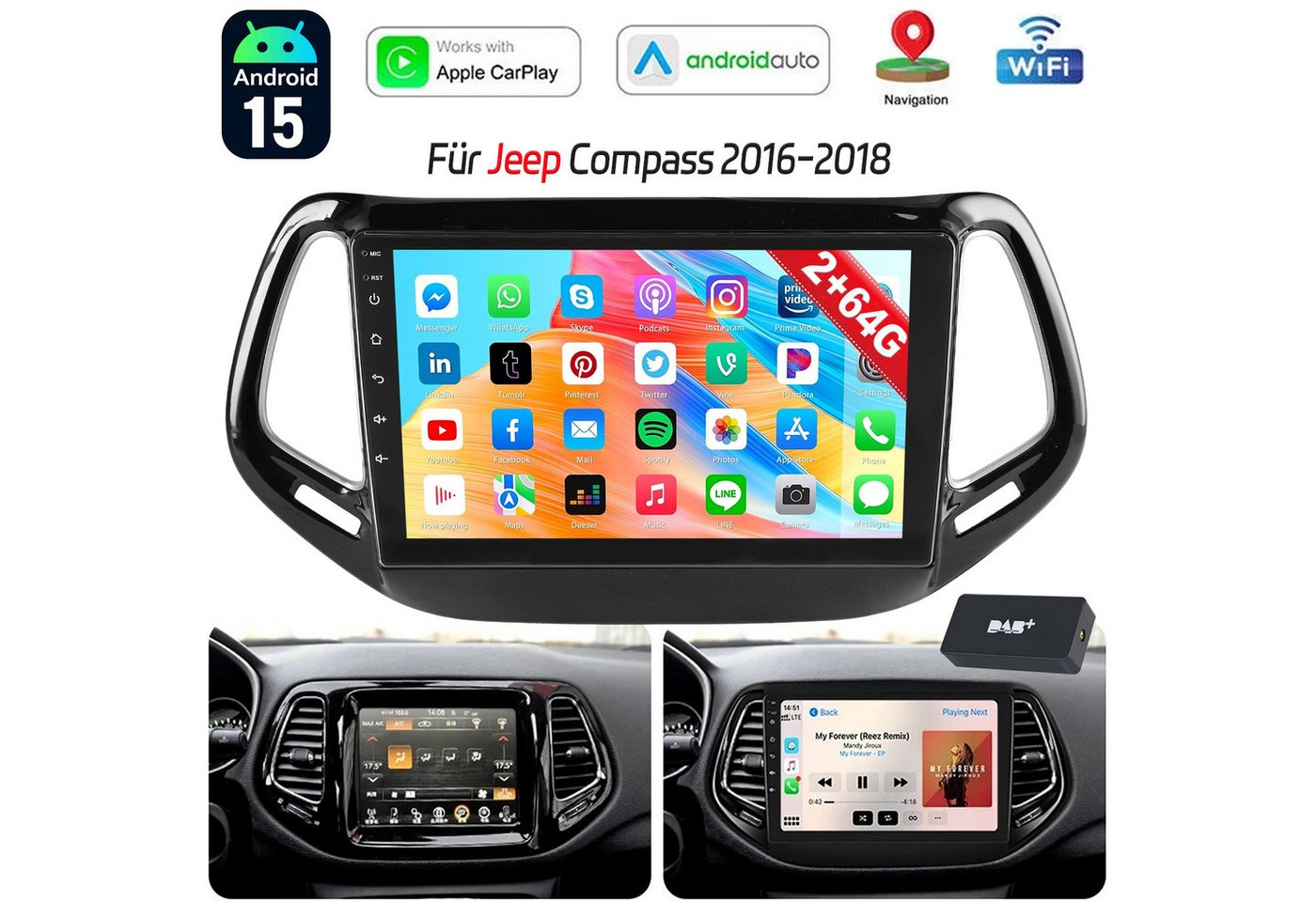 ESSGOO Für Jeep Compass 2017-2020 Android 15.0 Autoradio Carplay NAVI FM SWC Autoradio (DAB+ (optional), DAB (optional), 4+64GB(optional), RDS, AM, FM, Carplay Android Auto Bluetooth EQ USB GPS Navi WIFI Touchscreen)