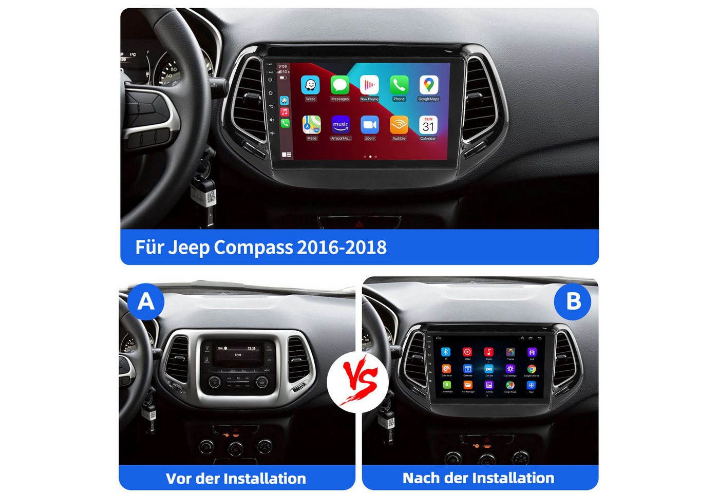 ESSGOO Für Jeep Compass 2017-2020 Android 15.0 Autoradio Carplay NAVI FM SWC Autoradio (DAB+ (optional), DAB (optional), 4+64GB(optional), RDS, AM, FM, Carplay Android Auto Bluetooth EQ USB GPS Navi WIFI Touchscreen) Bild 4