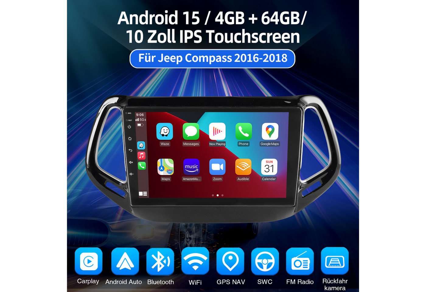 ESSGOO Für Jeep Compass 2017-2020 Android 15.0 Autoradio Carplay NAVI FM SWC Autoradio (DAB+ (optional), DAB (optional), 4+64GB(optional), RDS, AM, FM, Carplay Android Auto Bluetooth EQ USB GPS Navi WIFI Touchscreen) Bild 5