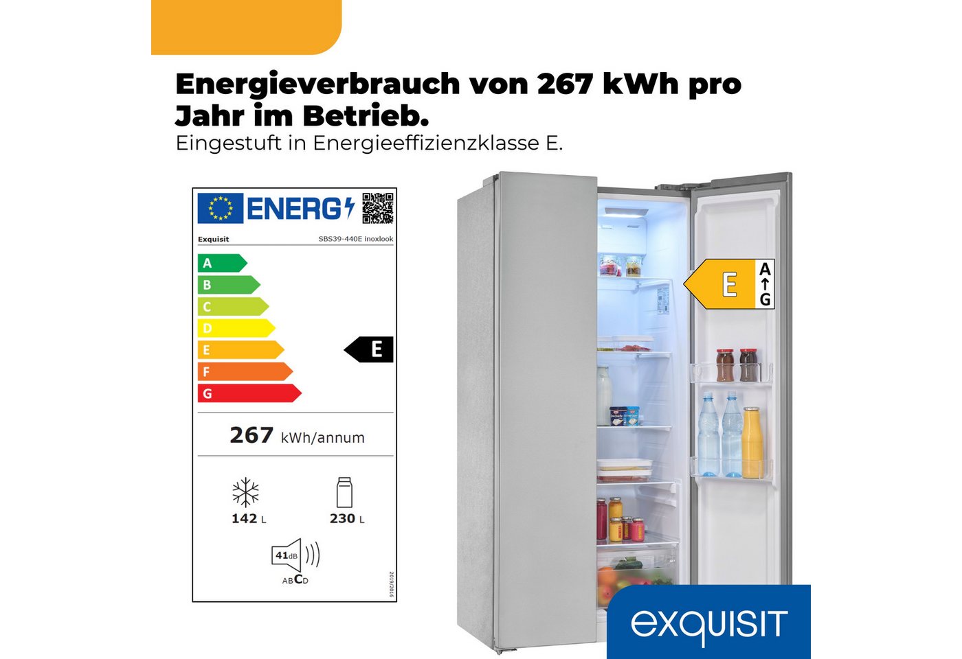 exquisit Side-by-Side SBS39-440E, 170 cm hoch, 78 cm breit, LED-Beleuchtung, Schnellgefrierfunktion, No-Frost Bild 2