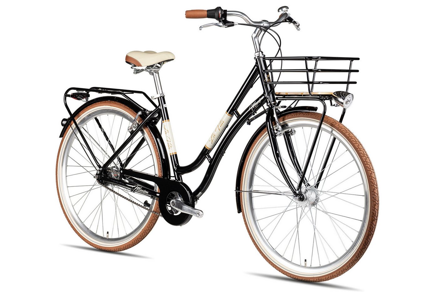 Maxim Cityrad Maxim La Vita Nexus, 7 Gang Shimano Nexus 7 Rücktritt Schaltwerk, Nabenschaltung Rücktritt, Gepäckkorb über Vorderrad schwarz/grau