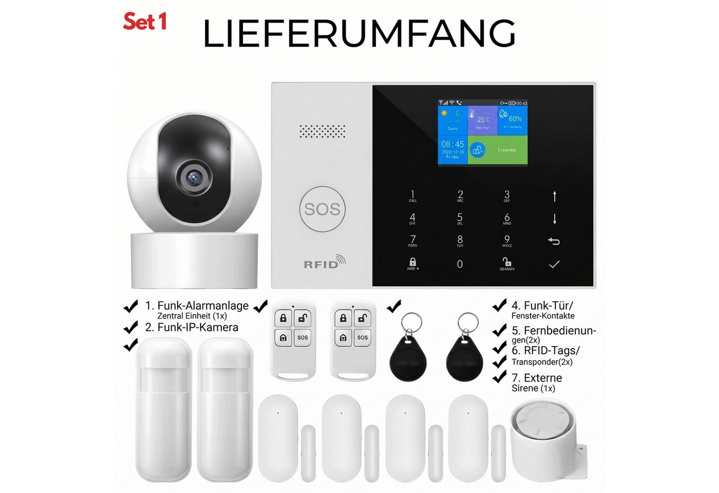 HS.SUPPLY WLAN Alarmanlage Set mit App, Bewegungsmelder & Türsensor Alarmanlage (Smart Alarmanlage mit App, 100 dB Sirene und 24h Akku-Backup)