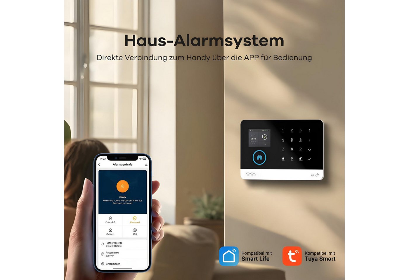 HS.SUPPLY WLAN Alarmanlage Set mit App, Bewegungsmelder & Türsensor Alarmanlage (Smart Alarmanlage mit App, 100 dB Sirene und 24h Akku-Backup) Bild 2