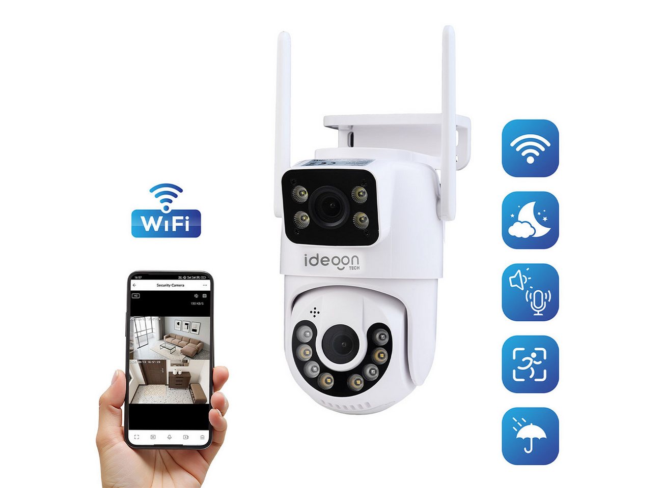 shop'n smile ideoon IP-Überwachungskamera Leistungsstarke Dual Lens Outdoor Überwachungskamera 355° Nachtsicht (Außenbereich, 1-tlg., IP66, Full HD, 355°/90° Schwenk, 3.6mm Objektiv, 80°, 15,96 dBm) Bild 4